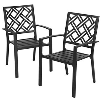 Outdoor Iron Dining Chairs Set of 2 with Slatted Seat, Stackable Design, Non-slip Foot Pads, Black