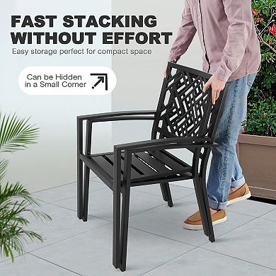 Outdoor Iron Dining Chairs Set of 2 with Slatted Seat, Stackable Design, Non-slip Foot Pads, Black