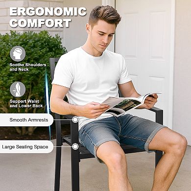 Outdoor Iron Dining Chairs Set of 2 with Slatted Seat, Stackable Design, Non-slip Foot Pads, Black