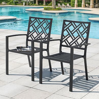 Outdoor Iron Dining Chairs Set of 2 with Slatted Seat, Stackable Design, Non-slip Foot Pads, Black