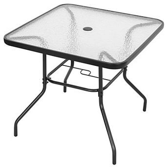 Outdoor 31.5 Inch Square Metal Dining Table with Umbrella Hole and Tempered Glass Tabletop