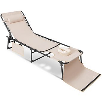 Outdoor Adjustable Oxford Lounge Chair Folding Tanning Chair with Pillow, Beige