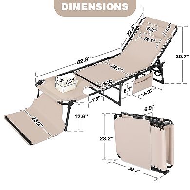 Outdoor Adjustable Oxford Lounge Chair Folding Tanning Chair with Pillow, Beige