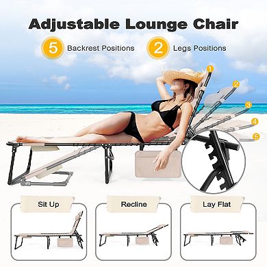 Outdoor Adjustable Oxford Lounge Chair Folding Tanning Chair with Pillow, Beige