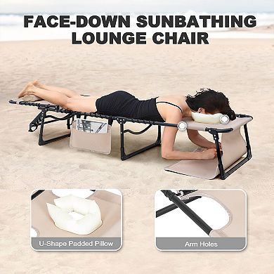 Outdoor Adjustable Oxford Lounge Chair Folding Tanning Chair with Pillow, Beige