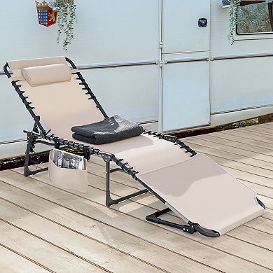 Outdoor Adjustable Oxford Lounge Chair Folding Tanning Chair with Pillow, Beige