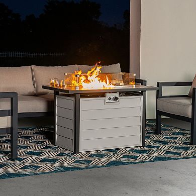 Outdoor Metal 43'' Propane Gas Fire Pit Table with Wind Guard Cover Glass Beads & Lid, Ivory White