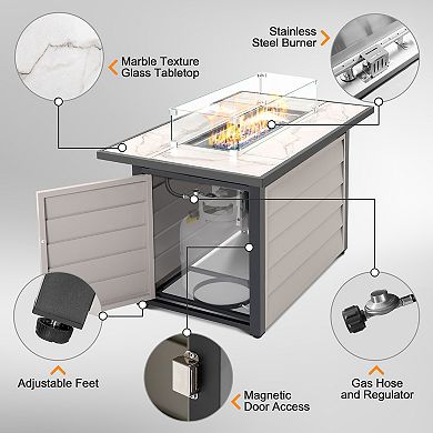 Outdoor Metal 43'' Propane Gas Fire Pit Table with Wind Guard Cover Glass Beads & Lid, Ivory White