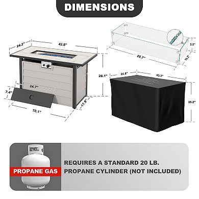 Outdoor Metal 43'' Propane Gas Fire Pit Table with Wind Guard Cover Glass Beads & Lid, Ivory White