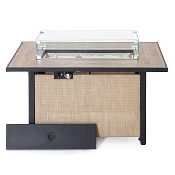 Outdoor 43'' 50,000 BTU Propane Fire Pit Table with Wind Guard, Lid and Glass Beads, Light Brown