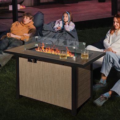 Outdoor 43'' 50,000 BTU Propane Fire Pit Table with Wind Guard, Lid and Glass Beads, Light Brown