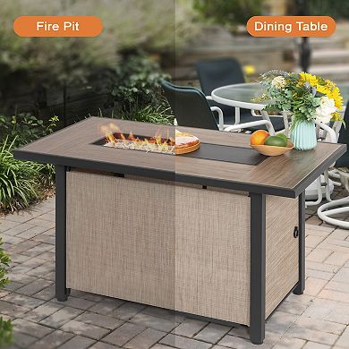 Outdoor 43'' 50,000 BTU Propane Fire Pit Table with Wind Guard, Lid and Glass Beads, Light Brown
