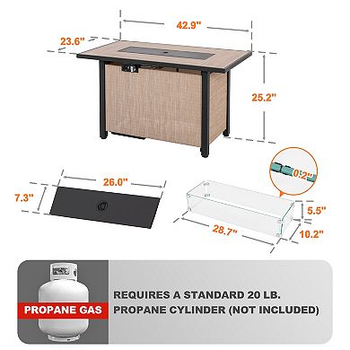 Outdoor 43'' 50,000 BTU Propane Fire Pit Table with Wind Guard, Lid and Glass Beads, Light Brown