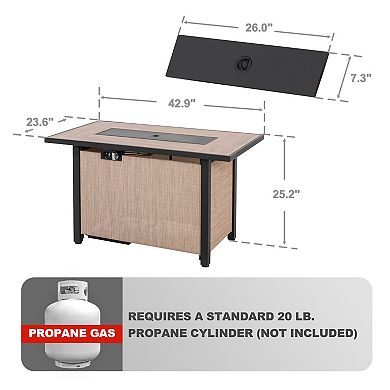 Outdoor 43'' 50,000 BTU Propane Gas Fire Pit Table with Lid and Glass Beads, Light Brown