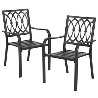 Outdoor Iron Dining Chairs Set of 2 with Curved Armrests and Non-slip Foot Pads, Black