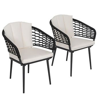 Outdoor Woven Rope Chairs with 1.97" Thick Cushions, Powder-Coated Aluminum Frame, Black and Beige