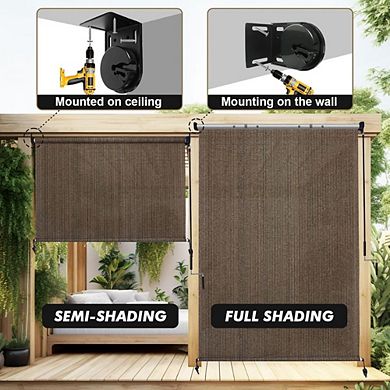 Outdoor Roller Shade 8×6 ft, 220GSM Mocha Fabric, Wand Operation
