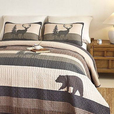 Marcielo Rustic Lodge 3 Pcs Cotton Bear & Deer Forest Quilt Bedspread Set