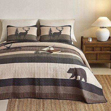 Marcielo Rustic Lodge 3 Pcs Cotton Bear & Deer Forest Quilt Bedspread Set