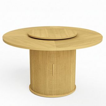 Homy Casa 55" Round Dining Table with Rotating Tray & Storage Rack, Natural Finish