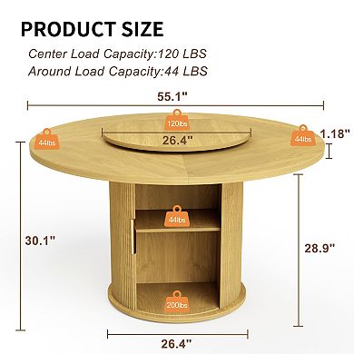 Homy Casa 55" Round Dining Table with Rotating Tray & Storage Rack, Natural Finish