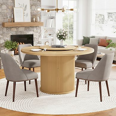Homy Casa 55" Round Dining Table with Rotating Tray & Storage Rack, Natural Finish
