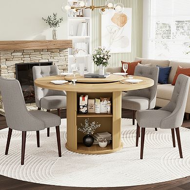 Homy Casa 55" Round Dining Table with Rotating Tray & Storage Rack, Natural Finish