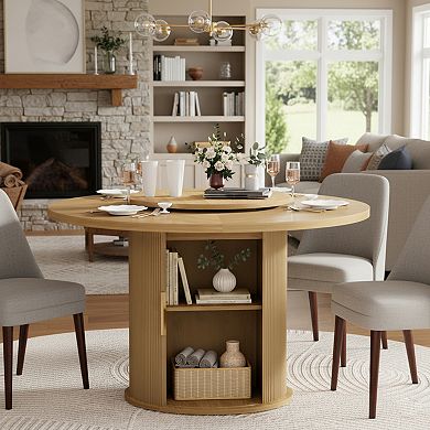 Homy Casa 55" Round Dining Table with Rotating Tray & Storage Rack, Natural Finish
