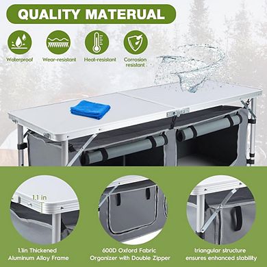 Outdoor Folding Camping Table with Storage Organizer & Adjustable Height