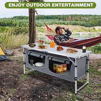 Outdoor Folding Camping Table with Storage Organizer & Adjustable Height