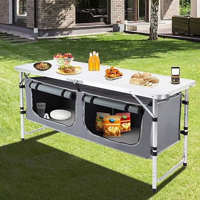 Outdoor Folding Camping Table with Storage Organizer & Adjustable Height