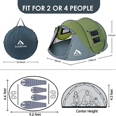 4 Person Pop Up Tent, Waterproof, 2 Doors, Instant Setup for Camping & Travel