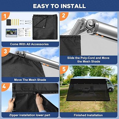 RV Awning Sun Shade Screen with Zipper, 9'×15'3", 600D Oxford + Mesh, Complete Kit