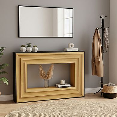 Homy Casa Modern Contrast Console Table with Layered Wood Frame and Black Top