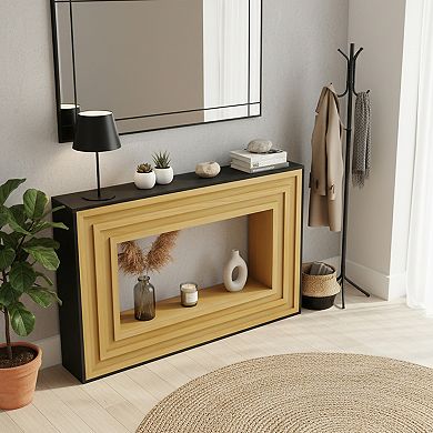 Homy Casa Modern Contrast Console Table with Layered Wood Frame and Black Top