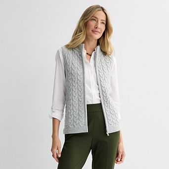 Petite Croft & Barrow® Cabled Mini Mock Neck Full Zip Vest