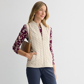 Petite Croft & Barrow® Cabled Mini Mock Neck Full Zip Vest