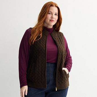 Plus Size Croft & Barrow® Cabled Mini Mock Neck Full Zip Vest
