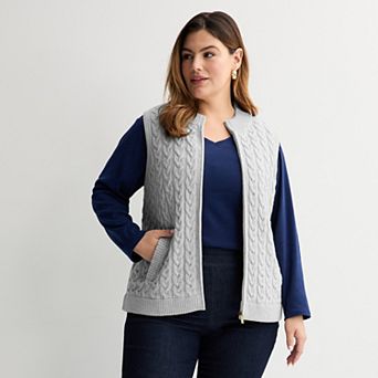 Plus Size Croft & Barrow® Cabled Mini Mock Neck Full Zip Vest
