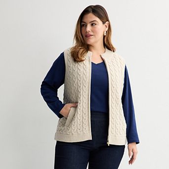 Plus Size Croft & Barrow® Cabled Mini Mock Neck Full Zip Vest