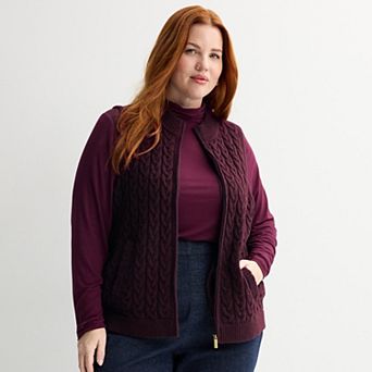 Plus Size Croft & Barrow® Cabled Mini Mock Neck Full Zip Vest