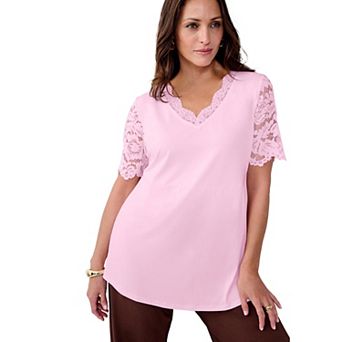 Jessica London Women's Plus Size Lace Trim V-Neck Top