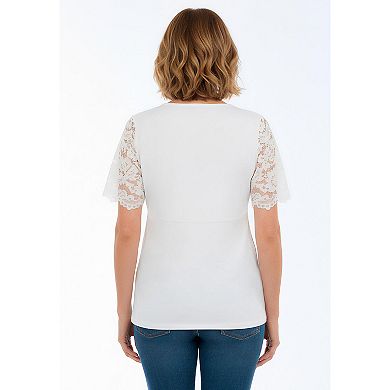 Jessica London Women's Plus Size Lace Trim V-Neck Top