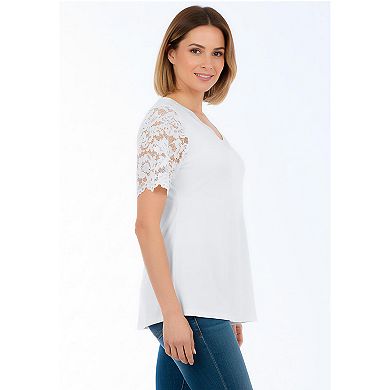 Jessica London Women's Plus Size Lace Trim V-Neck Top