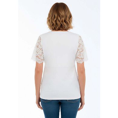 Jessica London Women's Plus Size Lace Trim V-Neck Top