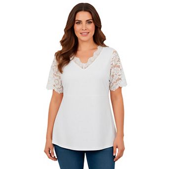 Jessica London Women's Plus Size Lace Trim V-Neck Top