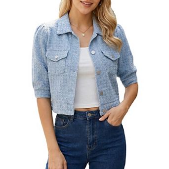 Cropped Denim Jacket for Women Puff Sleeve Button Down Vintage Jean Jackets with Pockets