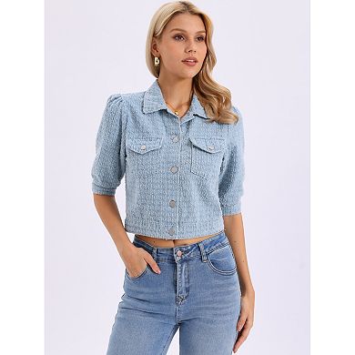 Cropped Denim Jacket for Women Puff Sleeve Button Down Vintage Jean Jackets with Pockets