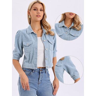 Cropped Denim Jacket for Women Puff Sleeve Button Down Vintage Jean Jackets with Pockets