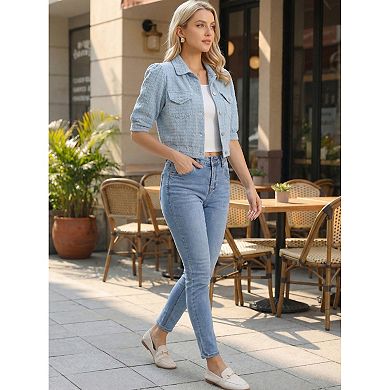 Cropped Denim Jacket for Women Puff Sleeve Button Down Vintage Jean Jackets with Pockets